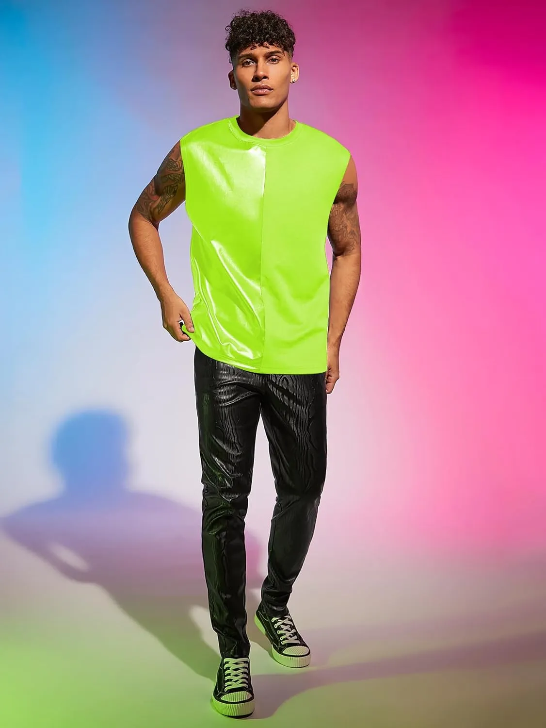 WDIRARA Men's Colorblock Two Tone PU Leather Round Neck Sleeveless Tank Tops