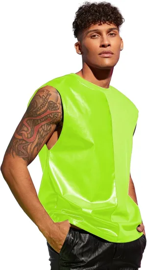 WDIRARA Men's Colorblock Two Tone PU Leather Round Neck Sleeveless Tank Tops