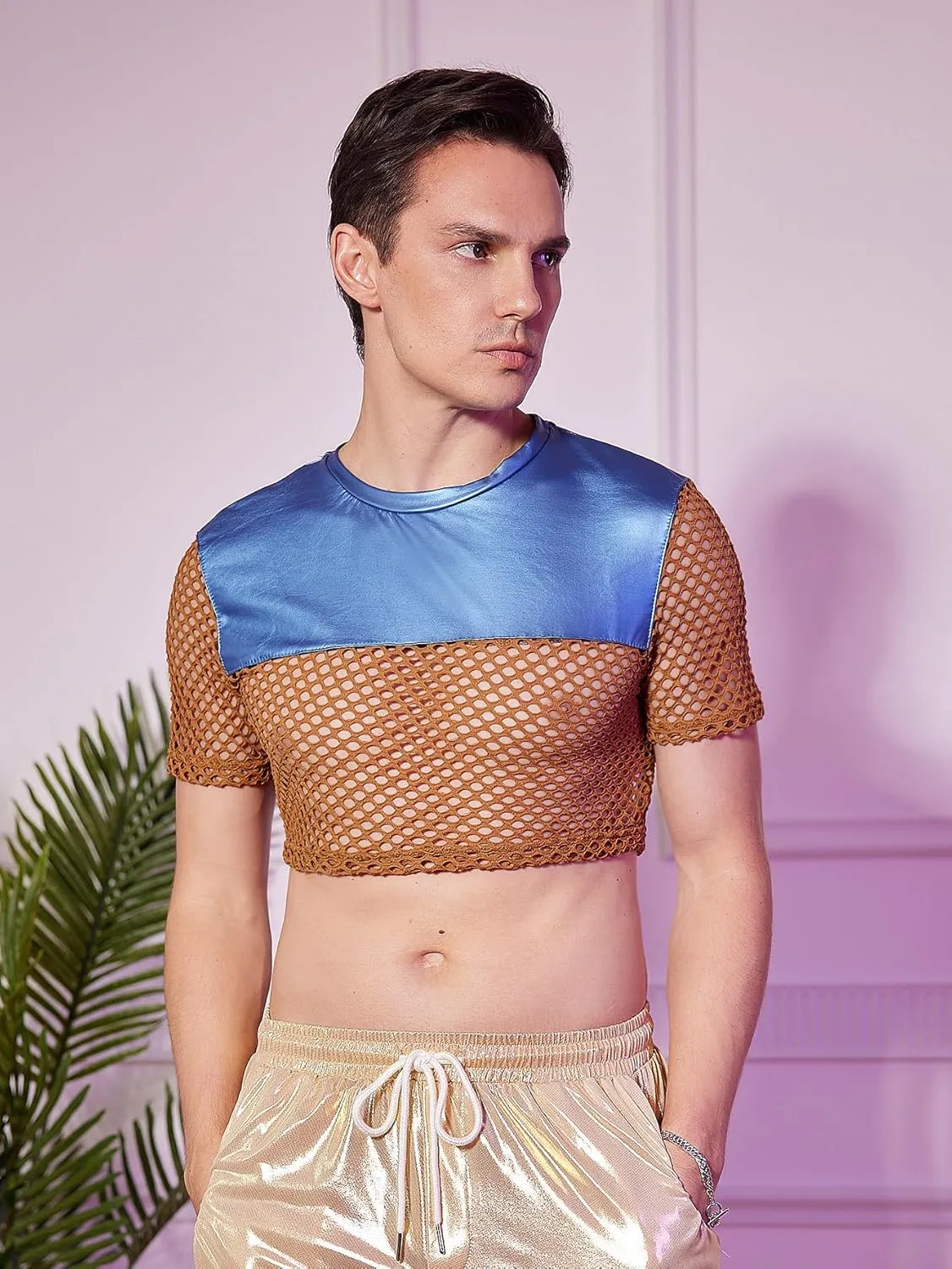 WDIRARA Men's Fishnet PU Leather Mesh T Shirts Round Neck Short Sleeve Crop Tee Top