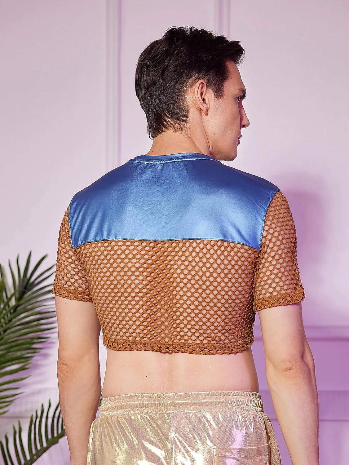 WDIRARA Men's Fishnet PU Leather Mesh T Shirts Round Neck Short Sleeve Crop Tee Top