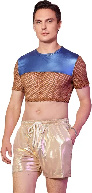 WDIRARA Men's Fishnet PU Leather Mesh T Shirts Round Neck Short Sleeve Crop Tee Top