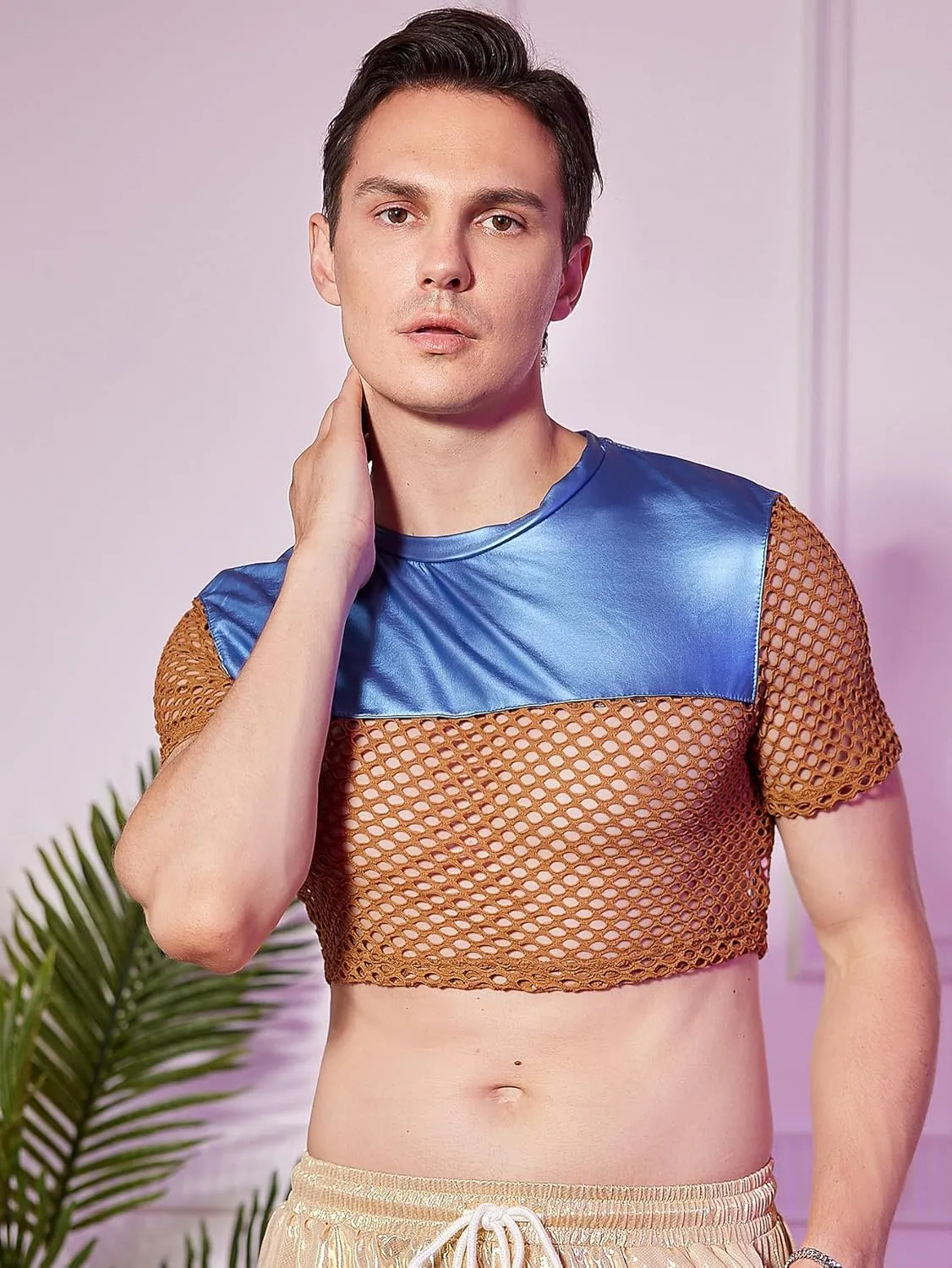 WDIRARA Men's Fishnet PU Leather Mesh T Shirts Round Neck Short Sleeve Crop Tee Top