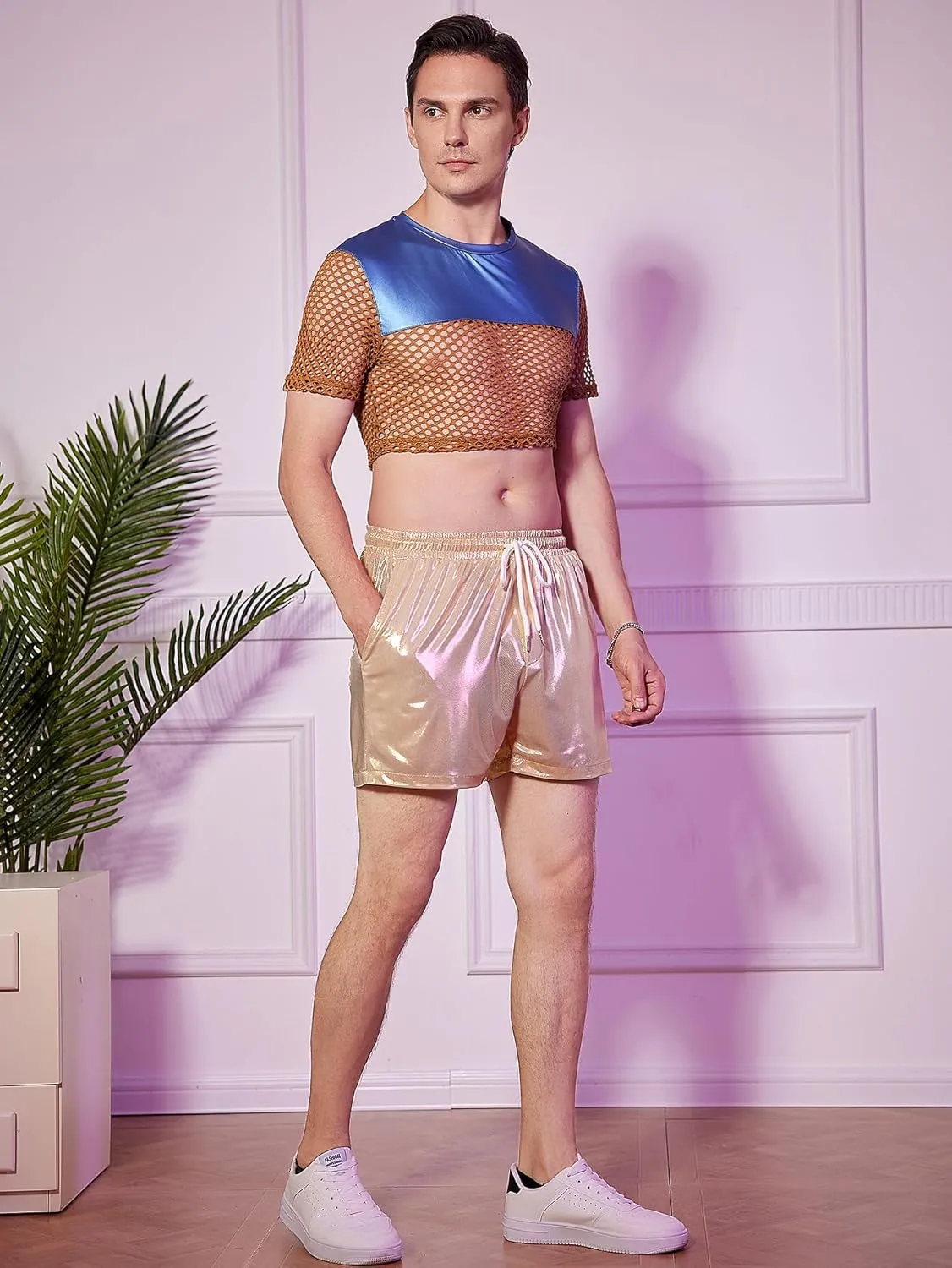 WDIRARA Men's Fishnet PU Leather Mesh T Shirts Round Neck Short Sleeve Crop Tee Top
