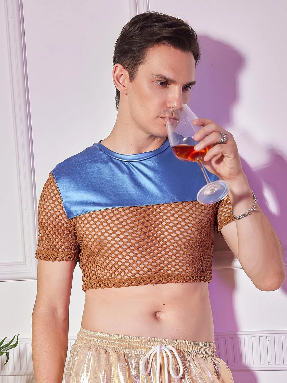 WDIRARA Men's Fishnet PU Leather Mesh T Shirts Round Neck Short Sleeve Crop Tee Top