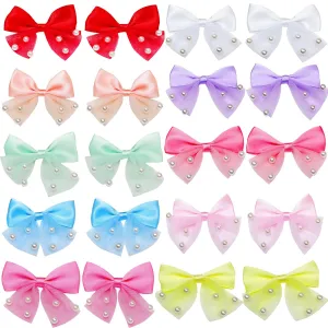 Wepetyo 50Pcs Mini Satin Ribbon Bows Flowers Cute Pearl Bows Crafts Colorful DIY Hair Bows for Decoration Girls Dress Hair Accessories(Random Color)