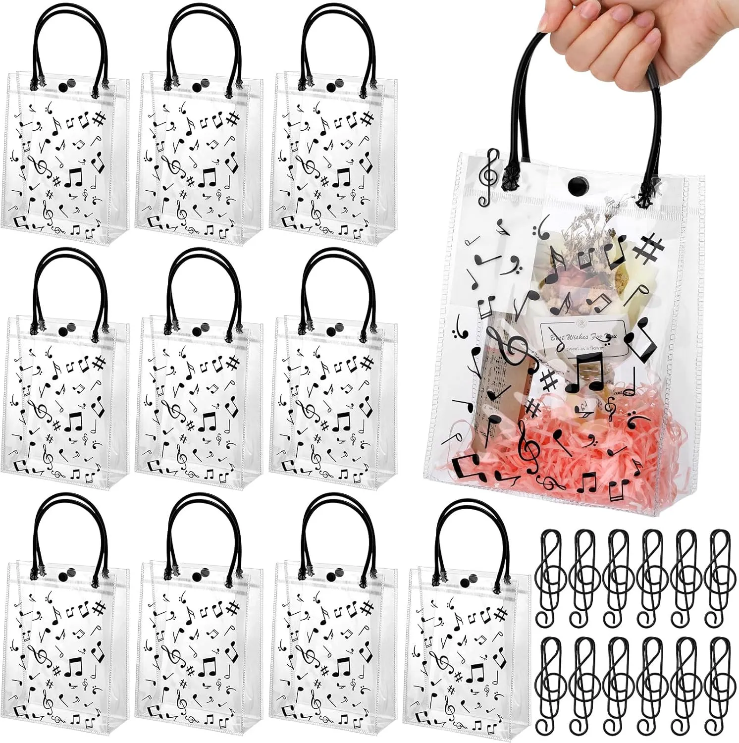 Wesnoy 12 Pcs Musical Notes Gift Bags with Handle 6x8 Inch Clear Music Treat Bags Bulk Musical Party Favor Bag with Musical Note Paper Clip for Musician Employee Teacher Gift Birthday Party Supplies