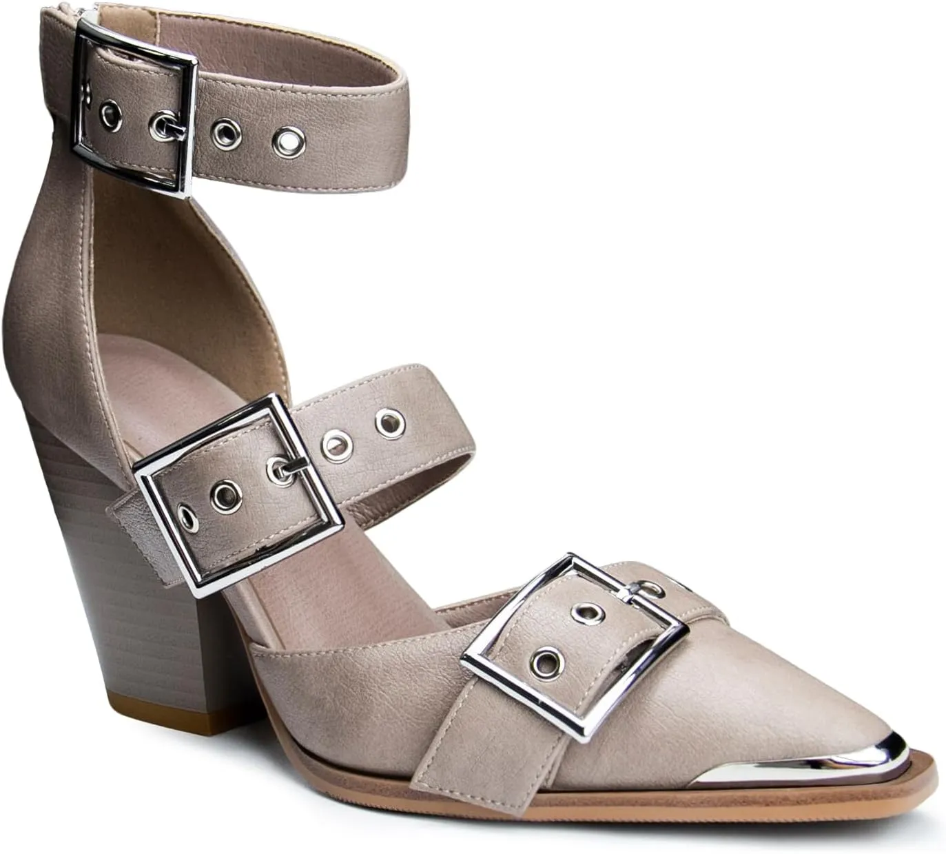 Western Sandals for Women Chunky Heel Pointed Toe Pumps Metal Buckle Strappy Western Comfortable Bridal Shoes