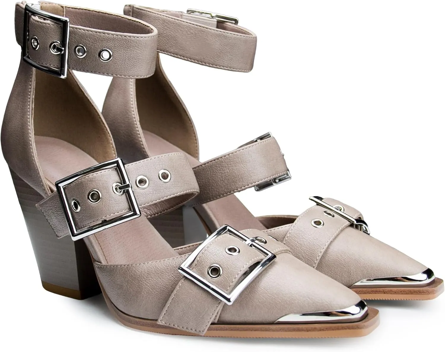 Western Sandals for Women Chunky Heel Pointed Toe Pumps Metal Buckle Strappy Western Comfortable Bridal Shoes