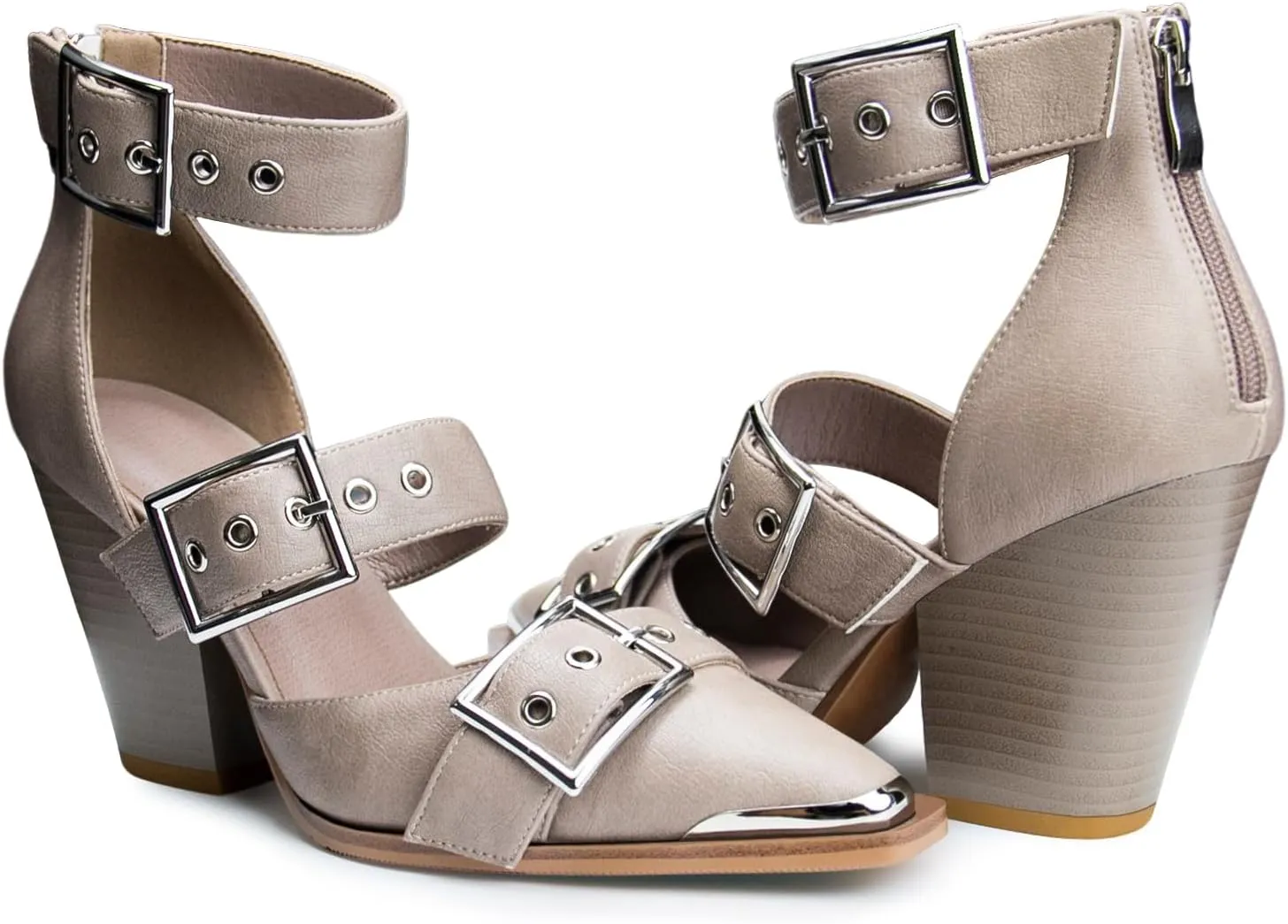 Western Sandals for Women Chunky Heel Pointed Toe Pumps Metal Buckle Strappy Western Comfortable Bridal Shoes