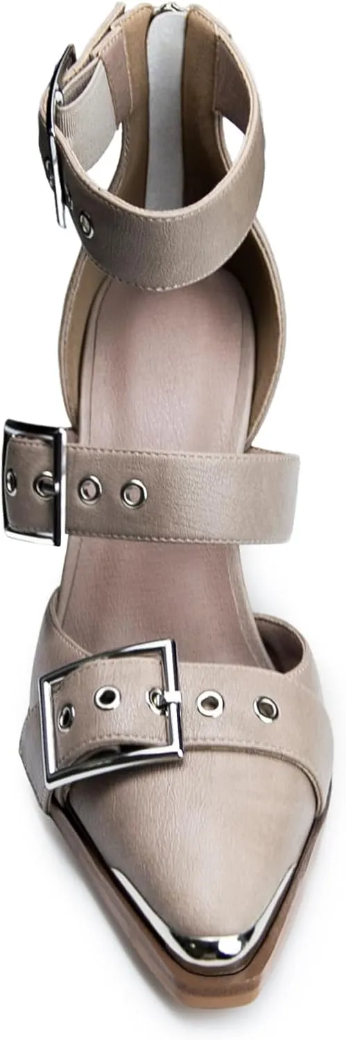 Western Sandals for Women Chunky Heel Pointed Toe Pumps Metal Buckle Strappy Western Comfortable Bridal Shoes