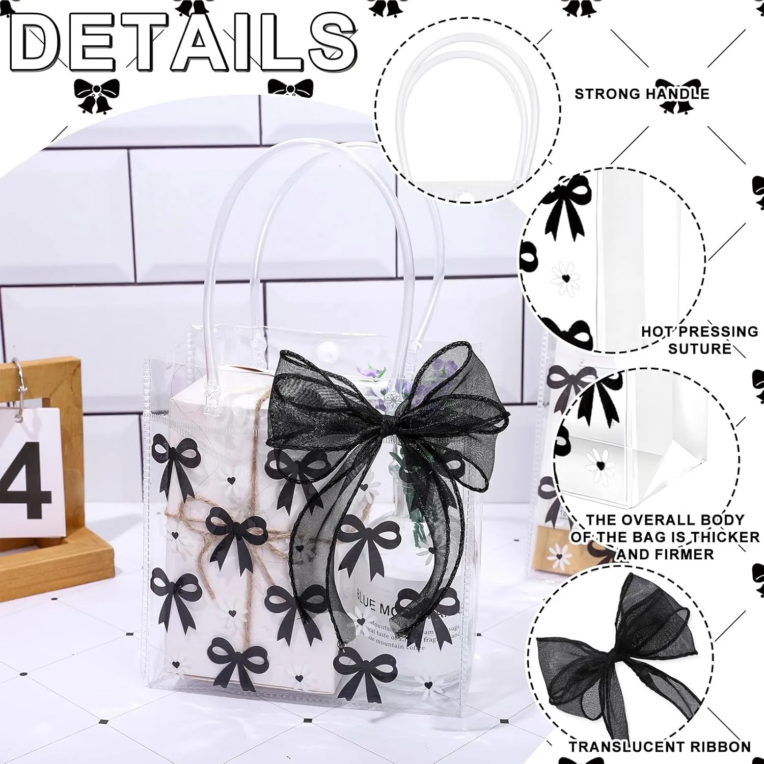 Whaline 12 Pcs Bow Coquette Clear PVC Gift Bags Black Bowknot Daisy Flower Party Favor Bags with Handle Treat Tote Bag with Ribbon for Wedding Birthday Bachelorette
