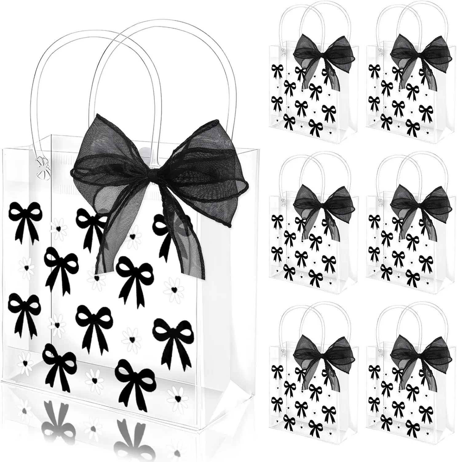 Whaline 12 Pcs Bow Coquette Clear PVC Gift Bags Black Bowknot Daisy Flower Party Favor Bags with Handle Treat Tote Bag with Ribbon for Wedding Birthday Bachelorette