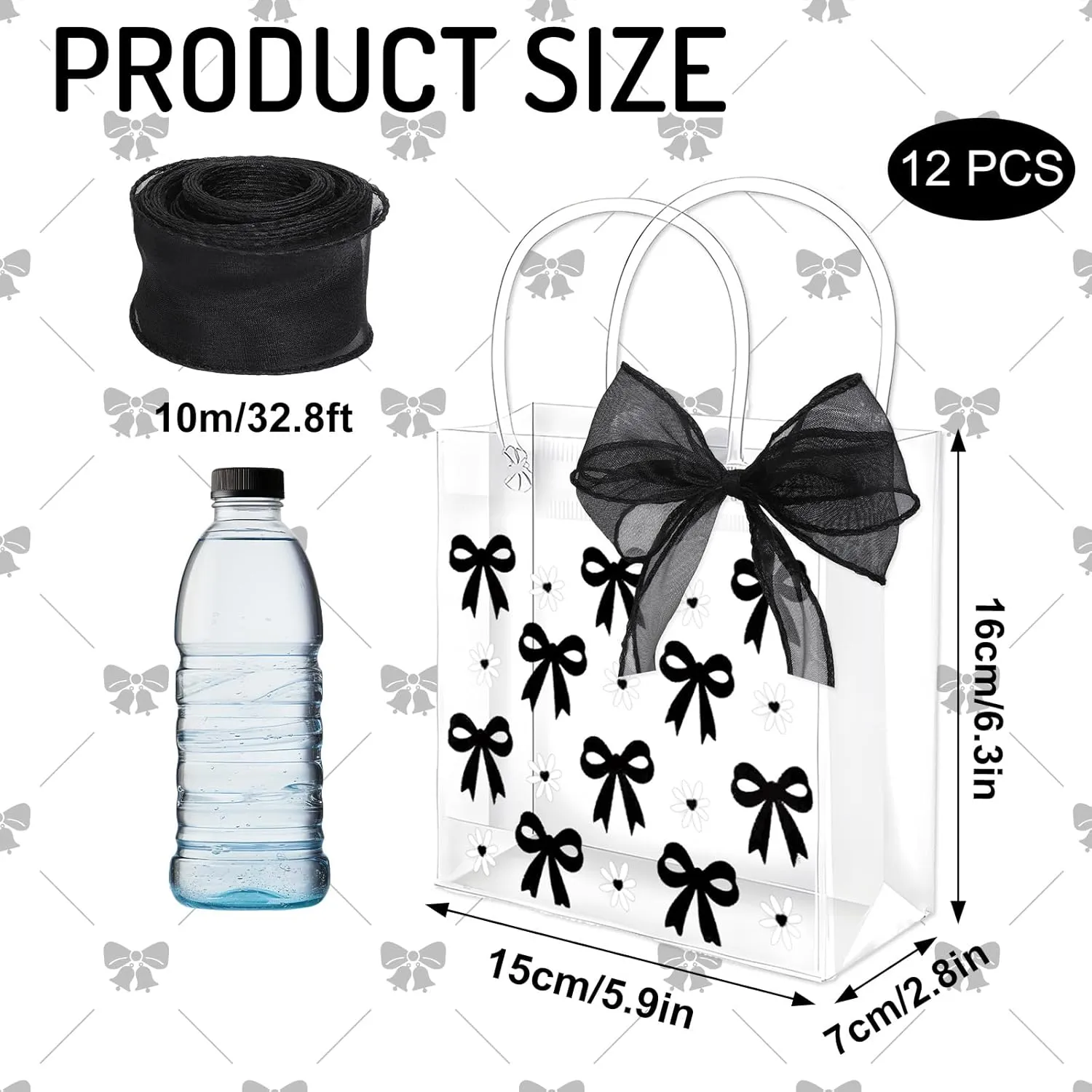Whaline 12 Pcs Bow Coquette Clear PVC Gift Bags Black Bowknot Daisy Flower Party Favor Bags with Handle Treat Tote Bag with Ribbon for Wedding Birthday Bachelorette