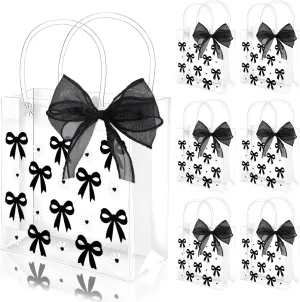 Whaline 12 Pcs Bow Coquette Clear PVC Gift Bags Black Bowknot Daisy Flower Party Favor Bags with Handle Treat Tote Bag with Ribbon for Wedding Birthday Bachelorette