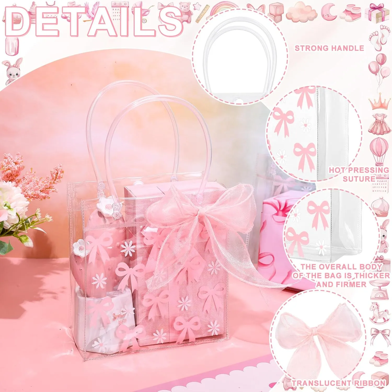 Whaline 12Pcs Pink Bow Clear PVC Gift Bags with Handle Ribbon Pink Coquette Bowknot Daisy Flower Party Favor Bags Treat Tote Bag for Wedding Birthday Baby Shower Valentine's Day Mother's Day Party