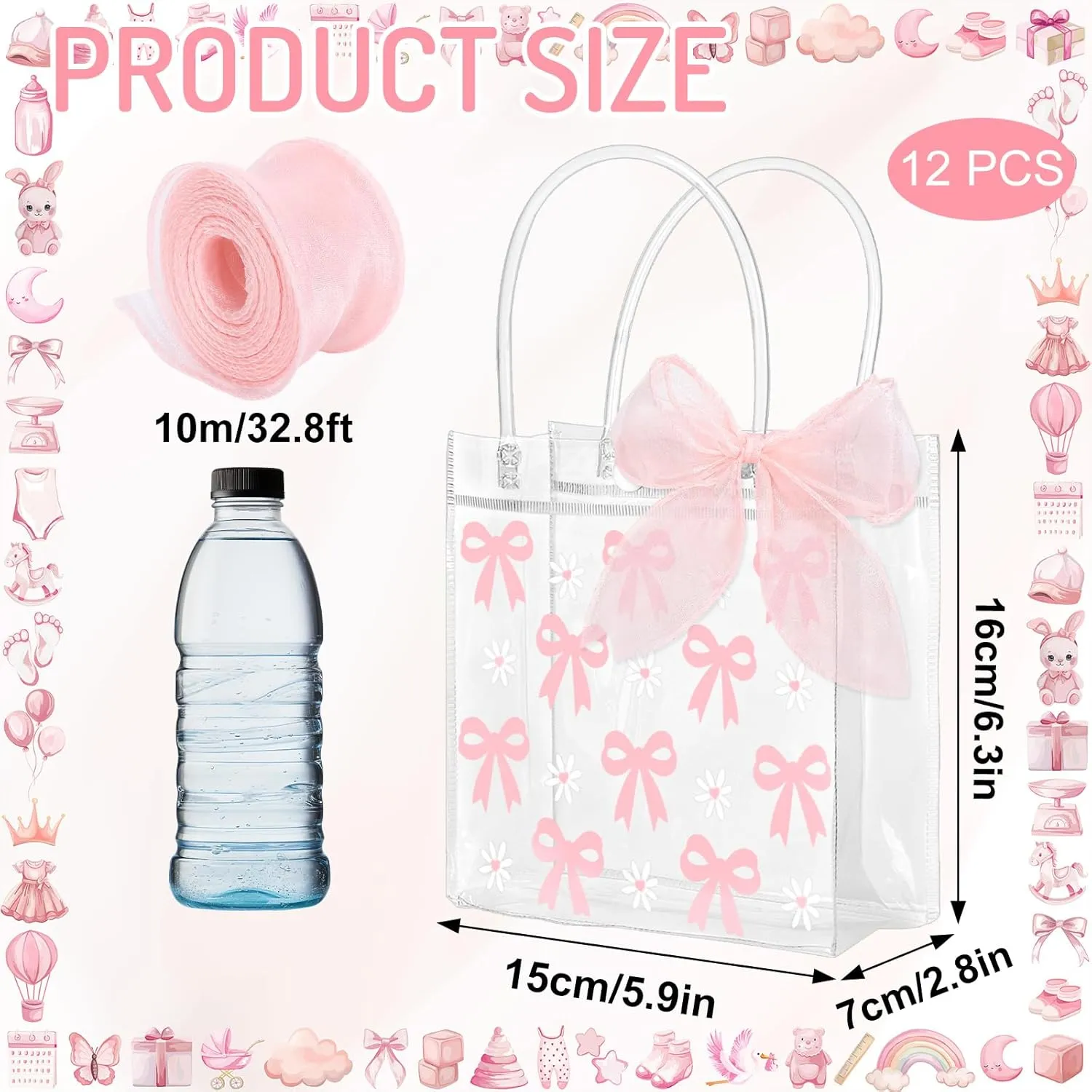Whaline 12Pcs Pink Bow Clear PVC Gift Bags with Handle Ribbon Pink Coquette Bowknot Daisy Flower Party Favor Bags Treat Tote Bag for Wedding Birthday Baby Shower Valentine's Day Mother's Day Party