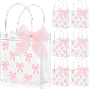 Whaline 12Pcs Pink Bow Clear PVC Gift Bags with Handle Ribbon Pink Coquette Bowknot Daisy Flower Party Favor Bags Treat Tote Bag for Wedding Birthday Baby Shower Valentine's Day Mother's Day Party