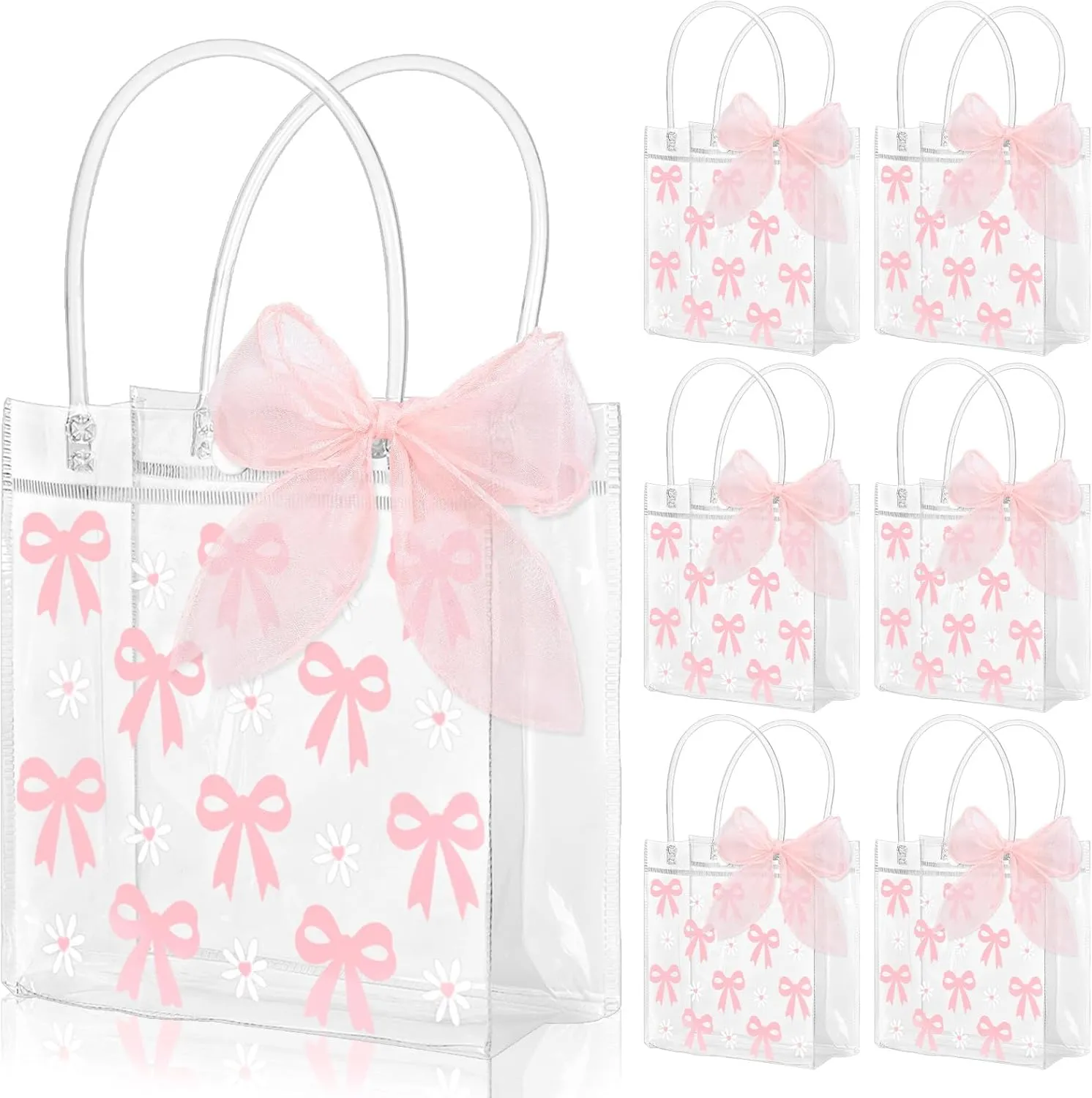 Whaline 12Pcs Pink Bow Clear PVC Gift Bags with Handle Ribbon Pink Coquette Bowknot Daisy Flower Party Favor Bags Treat Tote Bag for Wedding Birthday Baby Shower Valentine's Day Mother's Day Party