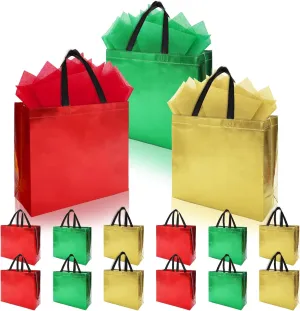 Whaline 15Pcs Christmas Non-woven Large Tote Bags with 30 Sheets Red Green Gold Tissue Papers Waterproof Goodie Bags Xmas Reusable Party Treat Bags Grocery Shopping Bags for Holiday Favors