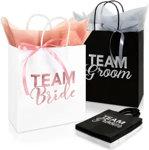 Whaline 16Pcs Bride and Groom Gift Bags with Tissue Papers & Ribbons Team Groom & Team Bride Kraft Paper Bags with Handles Black White Candy Treat Bags for Wedding Bridal Shower Supplies