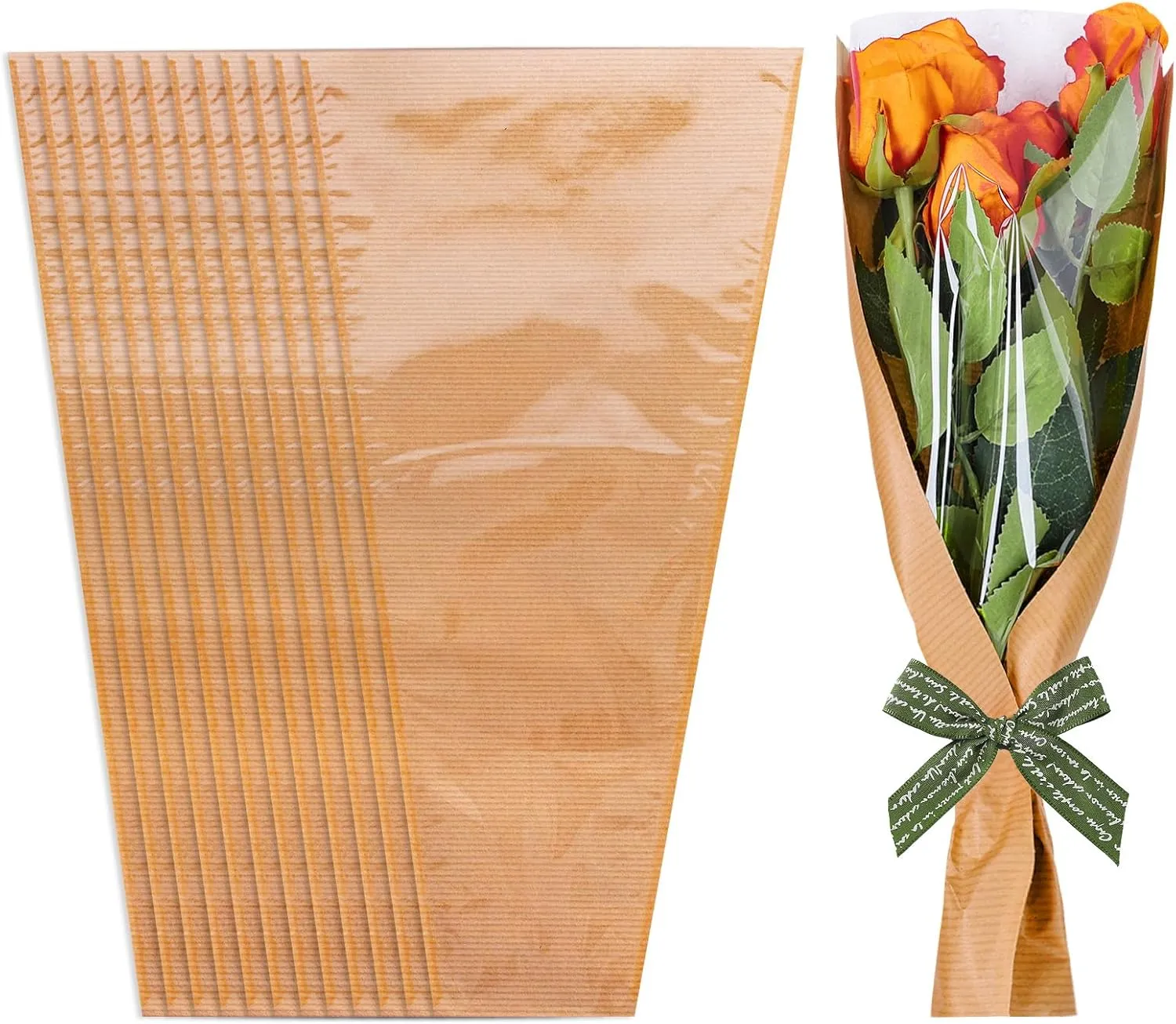 Whaline 50Pcs Flower Wrapping Bags Mother's Day Kraft Paper Floral Packing Sleeves Bouquet Bags Clear Flower Wrapping Sleeves for Teacher Graduation Wedding Birthday Gift, 9.8x3.9x17.9 Inch