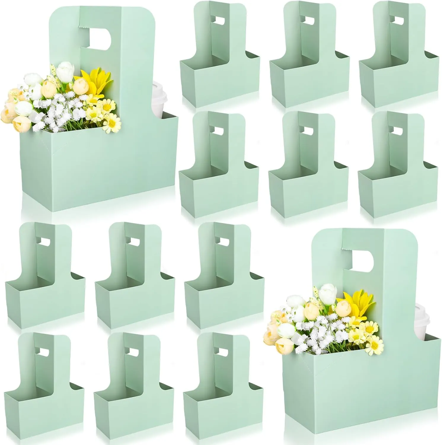 Whaline Sage Green Kraft Flower Gift Bags 20Pcs Drink Carriers with Handle to 2 Cup Mother's Day Floral Wrap Packing Box Paper Holder Baskets for Wedding Graduation Birthday Baby Shower Party