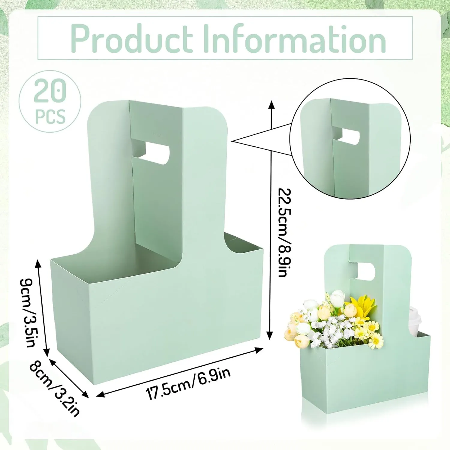 Whaline Sage Green Kraft Flower Gift Bags 20Pcs Drink Carriers with Handle to 2 Cup Mother's Day Floral Wrap Packing Box Paper Holder Baskets for Wedding Graduation Birthday Baby Shower Party
