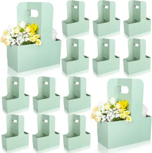 Whaline Sage Green Kraft Flower Gift Bags 20Pcs Drink Carriers with Handle to 2 Cup Mother's Day Floral Wrap Packing Box Paper Holder Baskets for Wedding Graduation Birthday Baby Shower Party