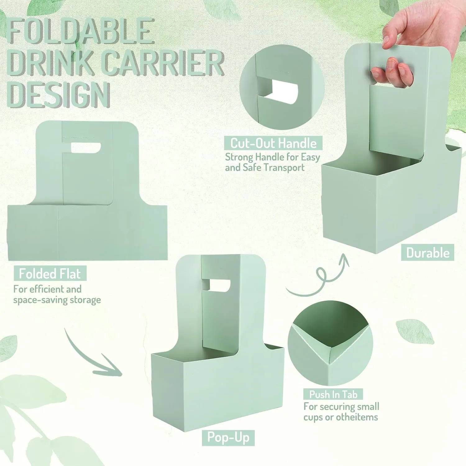 Whaline Sage Green Kraft Flower Gift Bags 20Pcs Drink Carriers with Handle to 2 Cup Mother's Day Floral Wrap Packing Box Paper Holder Baskets for Wedding Graduation Birthday Baby Shower Party