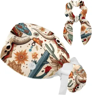 Wild West Cowboy Boot Animal Skull Cacti Arrows Working Caps with Buttons, Long Hair Scrub Hats Ponytail Holder for Women Multicolor