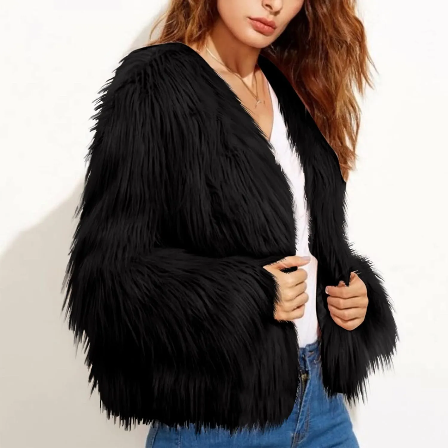 Winter Jackets for Women Open Front Faux Fur Coat Womens Fringe Jacket Fluffy Cardigan Long Sleeve Outwear Shaggy Jacket