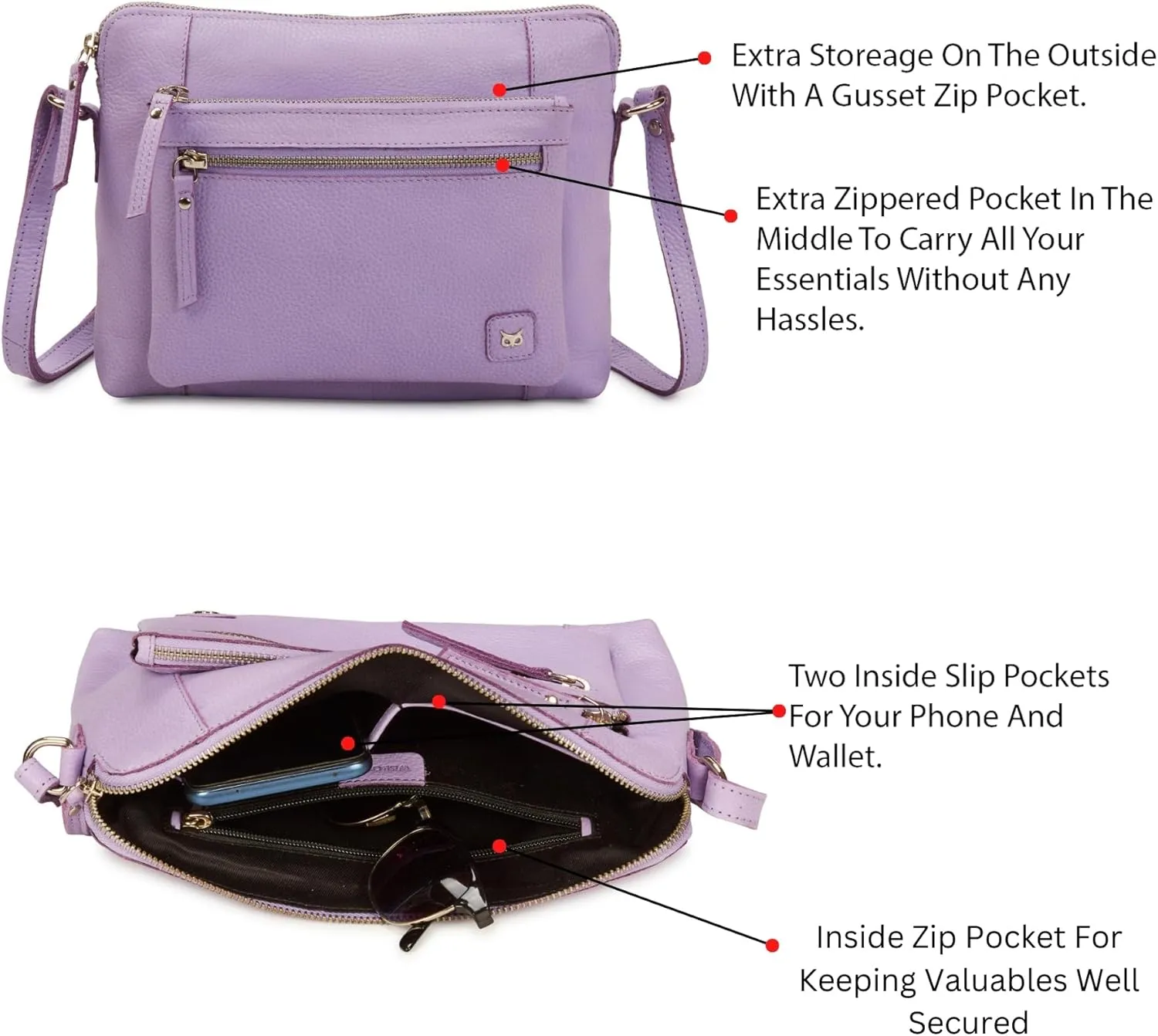 Wise Owl Accessories Small Soft Pebbled Real Leather Crossbody Handbags Purses Sling Crossover Shoulder Bag