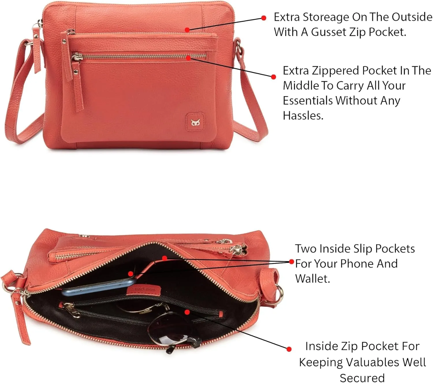 Wise Owl Accessories Small Soft Pebbled Real Leather Crossbody Handbags Purses Sling Crossover Shoulder Bag