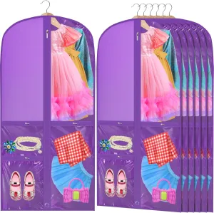 Woanger 6 Pcs Garment Bags for Dance Costumes Clear PVC with Zippers Garment Bag with Pockets Dance Costume Organizer Carrier for Storage Cover for Adult(Purple,20'' X 40'')