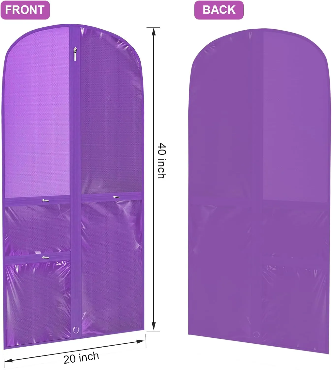 Woanger 6 Pcs Garment Bags for Dance Costumes Clear PVC with Zippers Garment Bag with Pockets Dance Costume Organizer Carrier for Storage Cover for Adult(Purple,20'' X 40'')