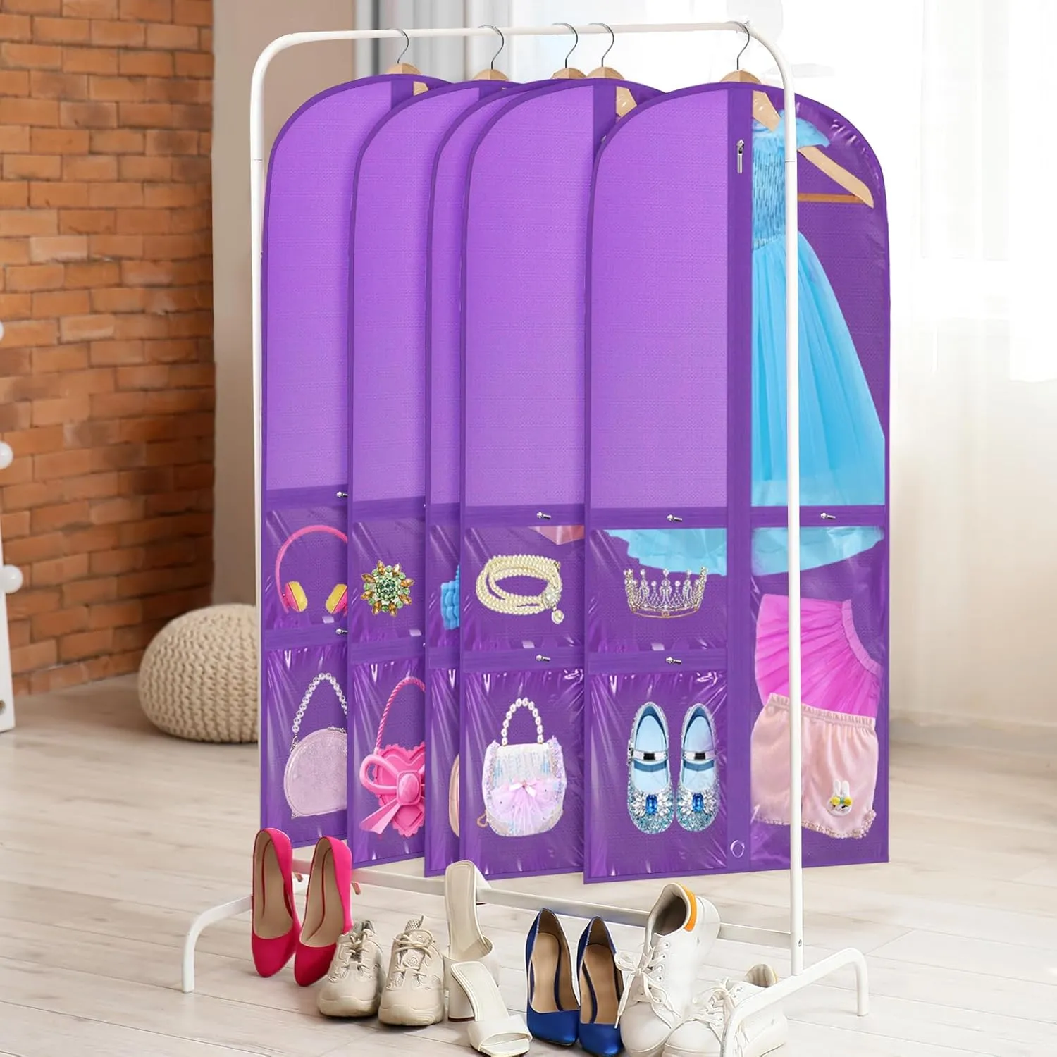 Woanger 6 Pcs Garment Bags for Dance Costumes Clear PVC with Zippers Garment Bag with Pockets Dance Costume Organizer Carrier for Storage Cover for Adult(Purple,20'' X 40'')