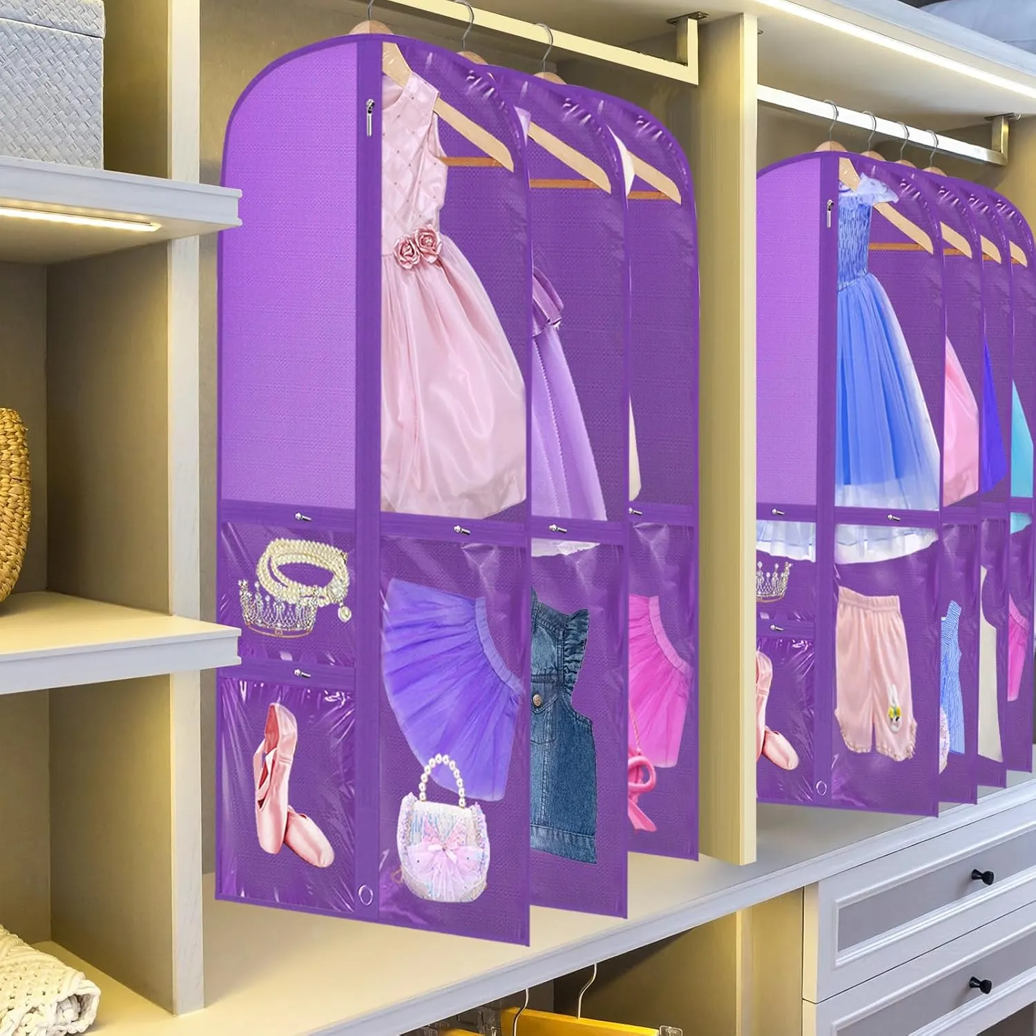 Woanger 6 Pcs Garment Bags for Dance Costumes Clear PVC with Zippers Garment Bag with Pockets Dance Costume Organizer Carrier for Storage Cover for Adult(Purple,20'' X 40'')