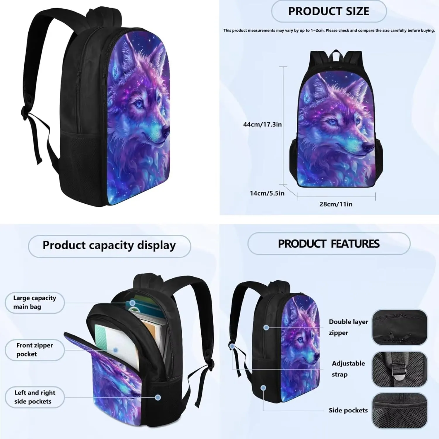Wolf Print Backpack for School with Lunch Box Pencil Case 8 to 14 Years Old School Lunch Bag for Children Large Capacity Bookbag Set for Elementary Middle Schools