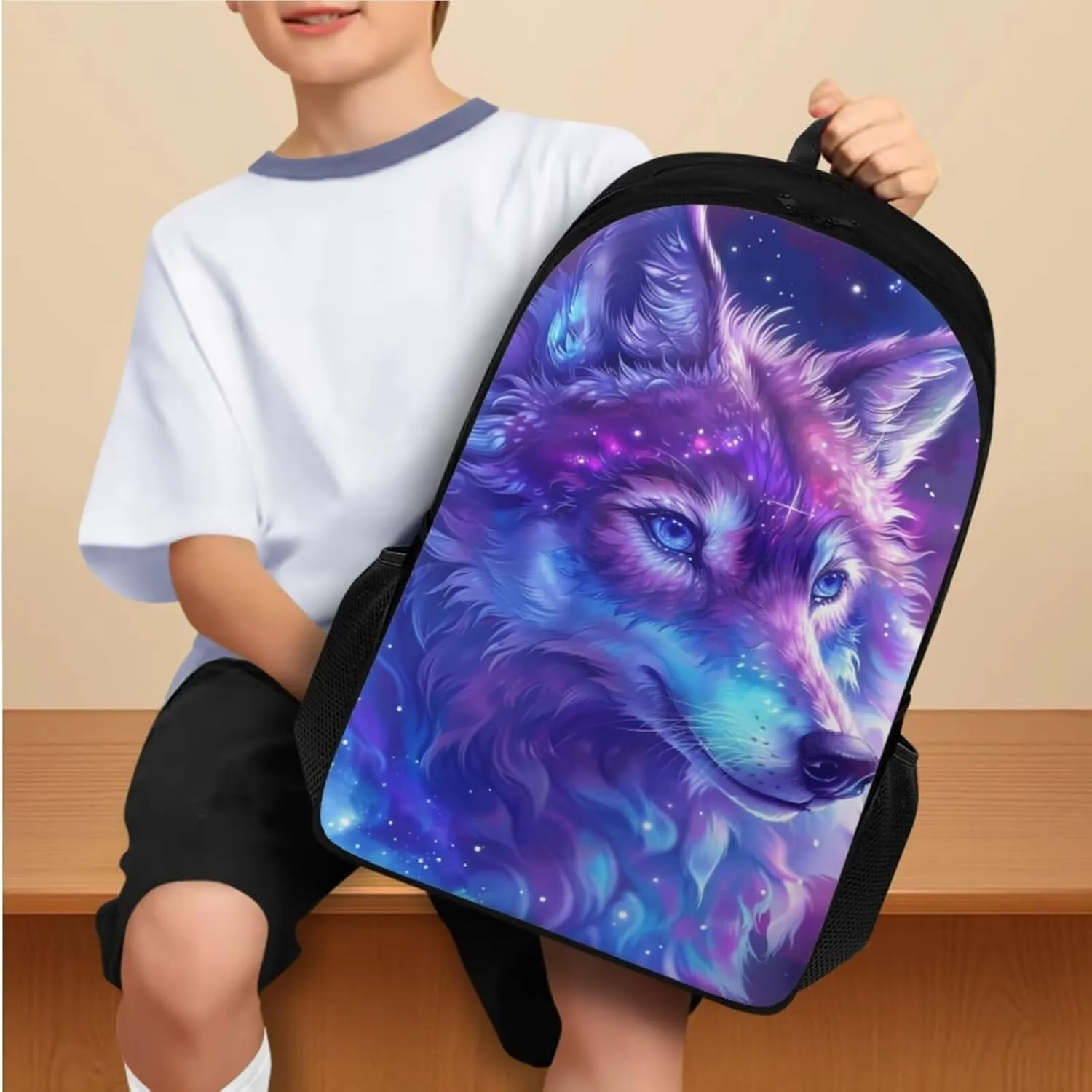 Wolf Print Backpack for School with Lunch Box Pencil Case 8 to 14 Years Old School Lunch Bag for Children Large Capacity Bookbag Set for Elementary Middle Schools
