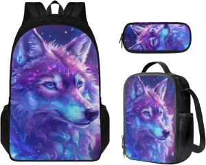 Wolf Print Backpack for School with Lunch Box Pencil Case 8 to 14 Years Old School Lunch Bag for Children Large Capacity Bookbag Set for Elementary Middle Schools