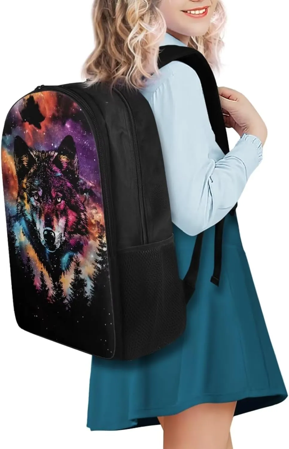 Wolf Print Girls Bookbag with Lunch Box 5th Grade Shoulder Bag for School Removable Strap Hand Carry Lunch Box Backpack Pencil Pouch for Junior Middle School