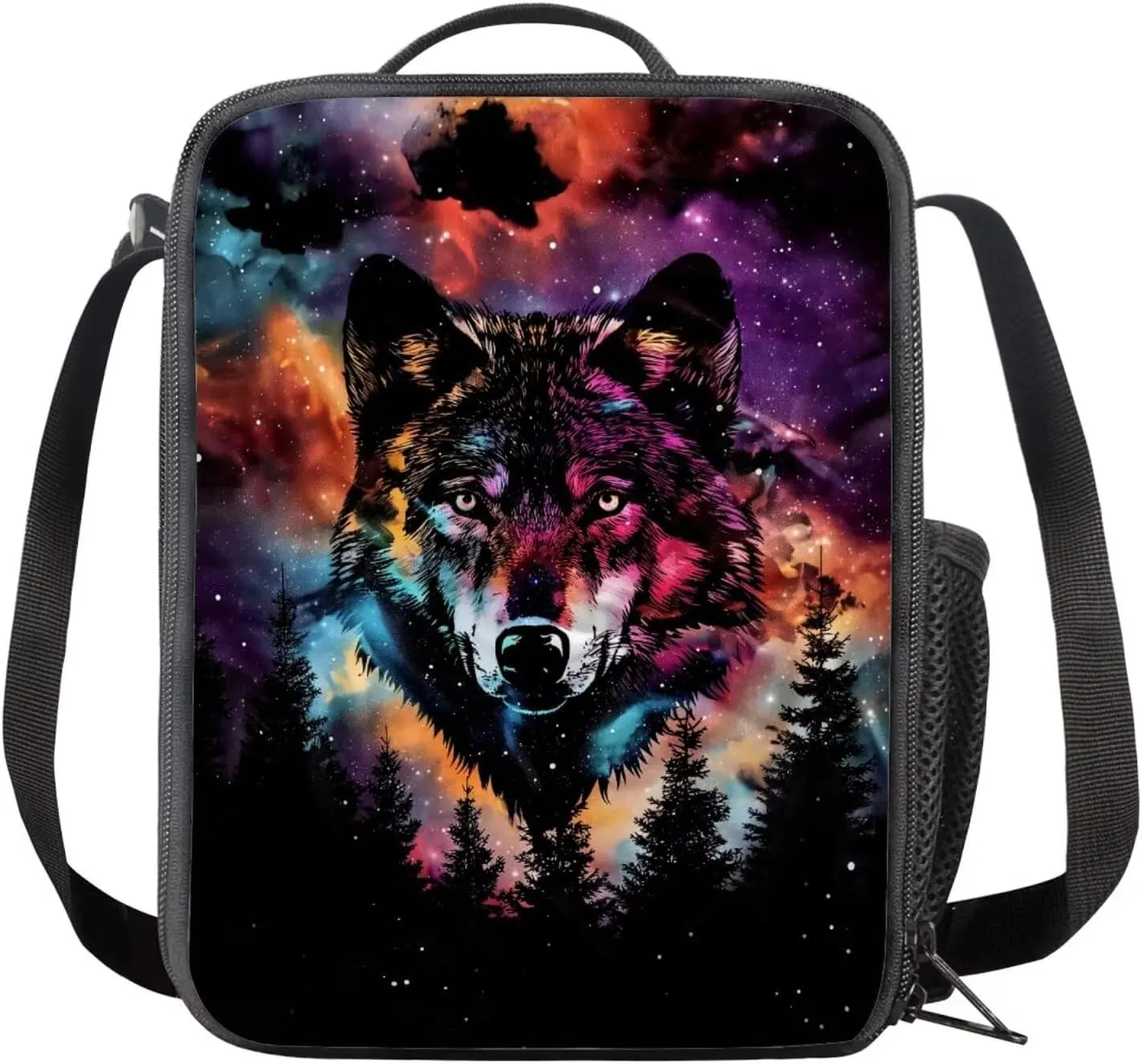 Wolf Print Girls Bookbag with Lunch Box 5th Grade Shoulder Bag for School Removable Strap Hand Carry Lunch Box Backpack Pencil Pouch for Junior Middle School