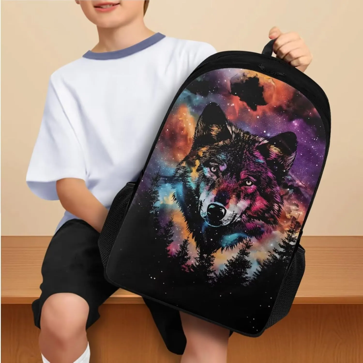 Wolf Print Girls Bookbag with Lunch Box 5th Grade Shoulder Bag for School Removable Strap Hand Carry Lunch Box Backpack Pencil Pouch for Junior Middle School