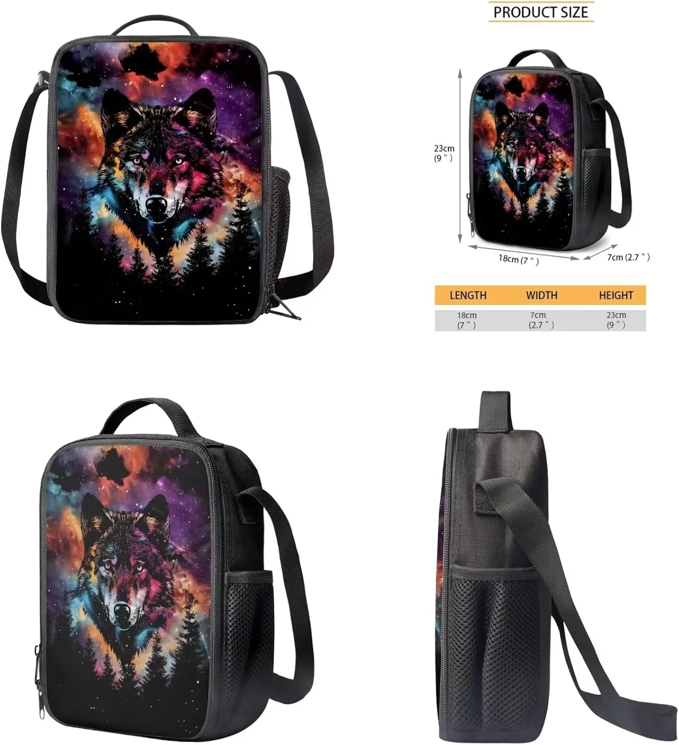 Wolf Print Girls Bookbag with Lunch Box 5th Grade Shoulder Bag for School Removable Strap Hand Carry Lunch Box Backpack Pencil Pouch for Junior Middle School