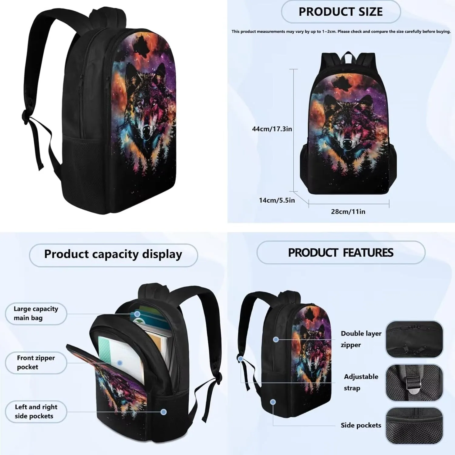 Wolf Print Girls Bookbag with Lunch Box 5th Grade Shoulder Bag for School Removable Strap Hand Carry Lunch Box Backpack Pencil Pouch for Junior Middle School