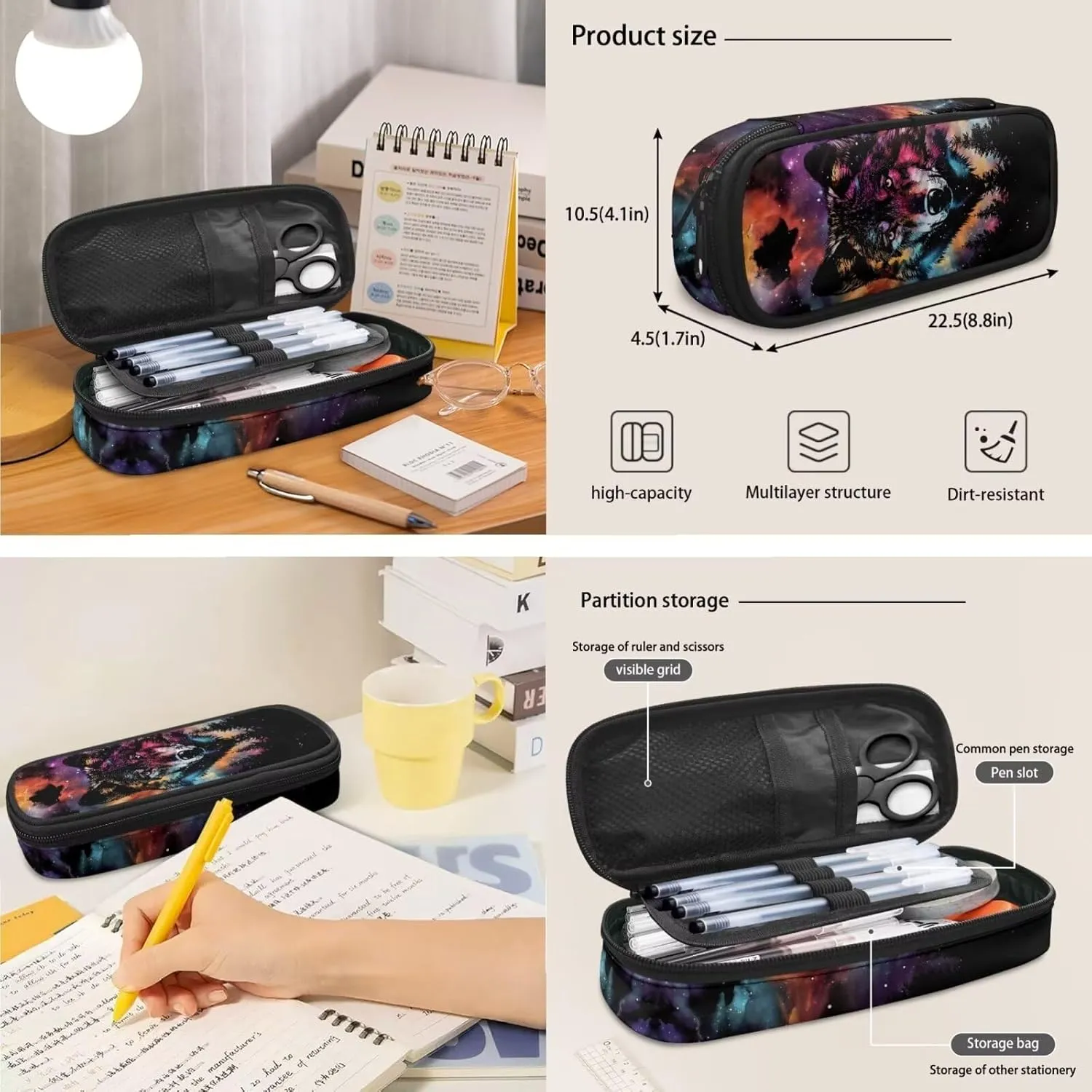 Wolf Print Girls Bookbag with Lunch Box 5th Grade Shoulder Bag for School Removable Strap Hand Carry Lunch Box Backpack Pencil Pouch for Junior Middle School