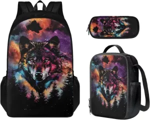 Wolf Print Girls Bookbag with Lunch Box 5th Grade Shoulder Bag for School Removable Strap Hand Carry Lunch Box Backpack Pencil Pouch for Junior Middle School