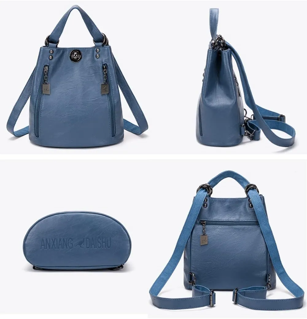 Women Classic Retro Backpack Shoulder Bags Faux Leather Fashion Daypack-Black