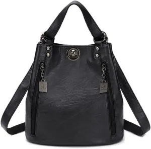 Women Classic Retro Backpack Shoulder Bags Faux Leather Fashion Daypack-Black
