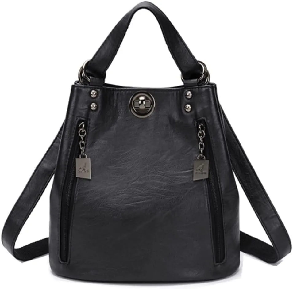 Women Classic Retro Backpack Shoulder Bags Faux Leather Fashion Daypack-Black